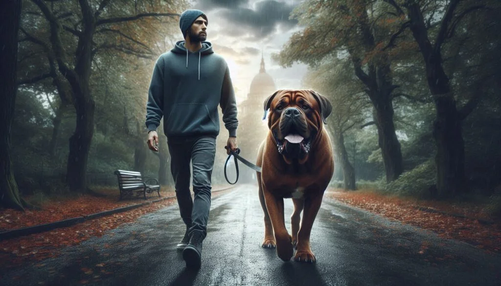 American Mastiff walking with a man