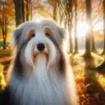 Bearded Collie Dog standing in the trees