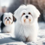 Coton De Tulear Dog is standing in the snow